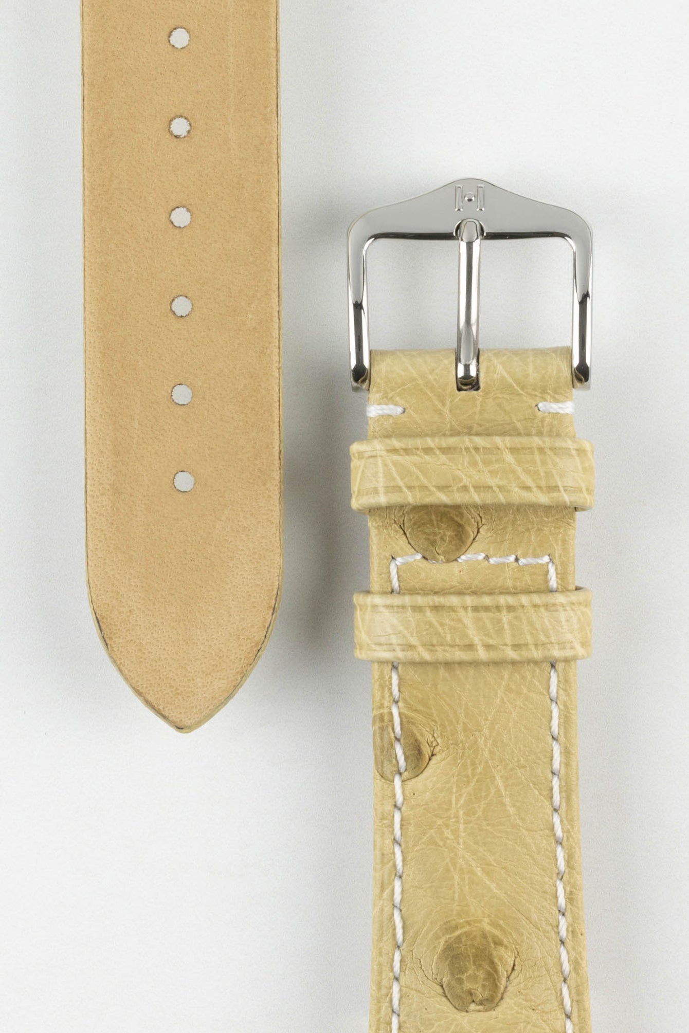 Hirsch MASSAI OSTRICH Leather Watch Strap in BEIGE With WHITE Stitching