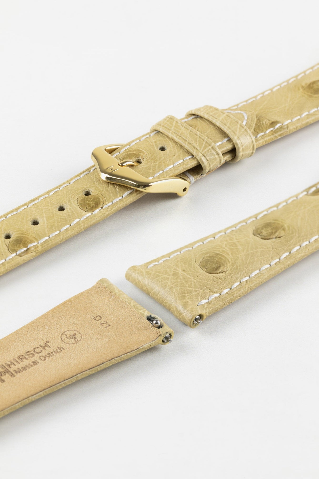 Hirsch MASSAI OSTRICH Leather Watch Strap in BEIGE With WHITE Stitching