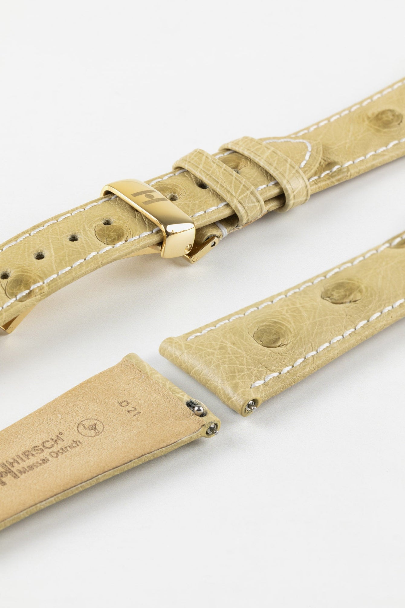 Hirsch MASSAI OSTRICH Leather Watch Strap in BEIGE With WHITE Stitching
