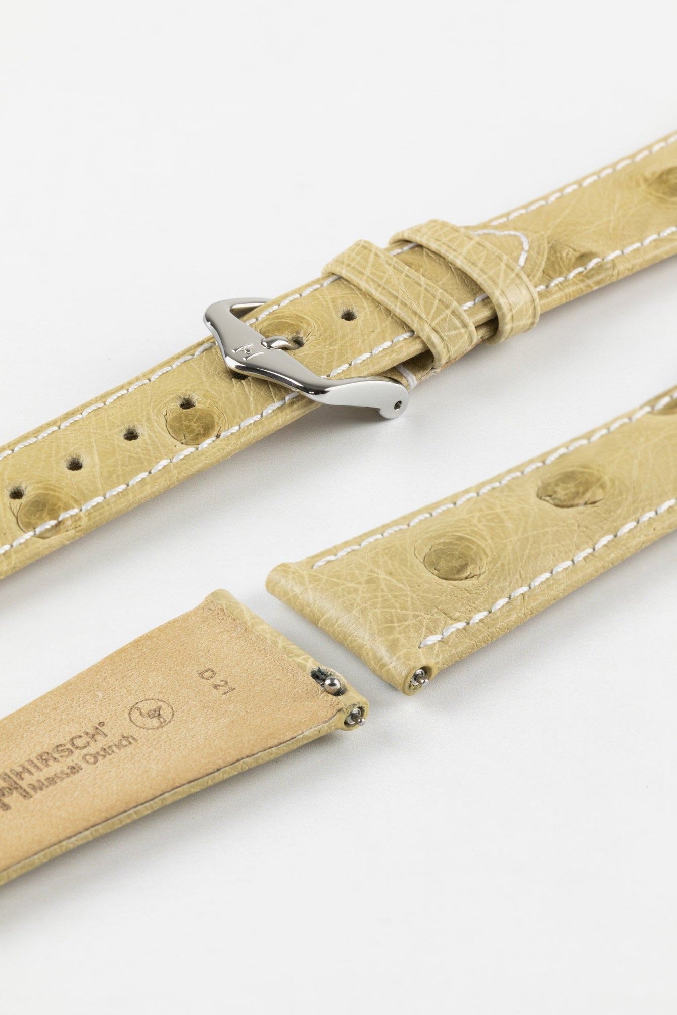 Hirsch MASSAI OSTRICH Leather Watch Strap in BEIGE With WHITE Stitching
