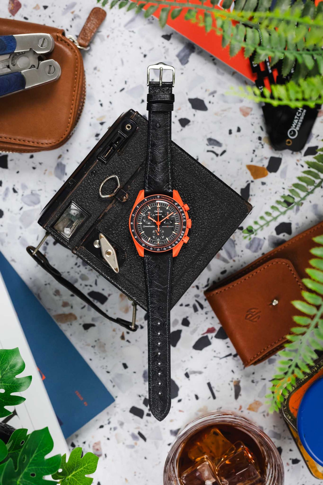 Hirsch MASSAI OSTRICH Leather Watch Strap in BLACK
