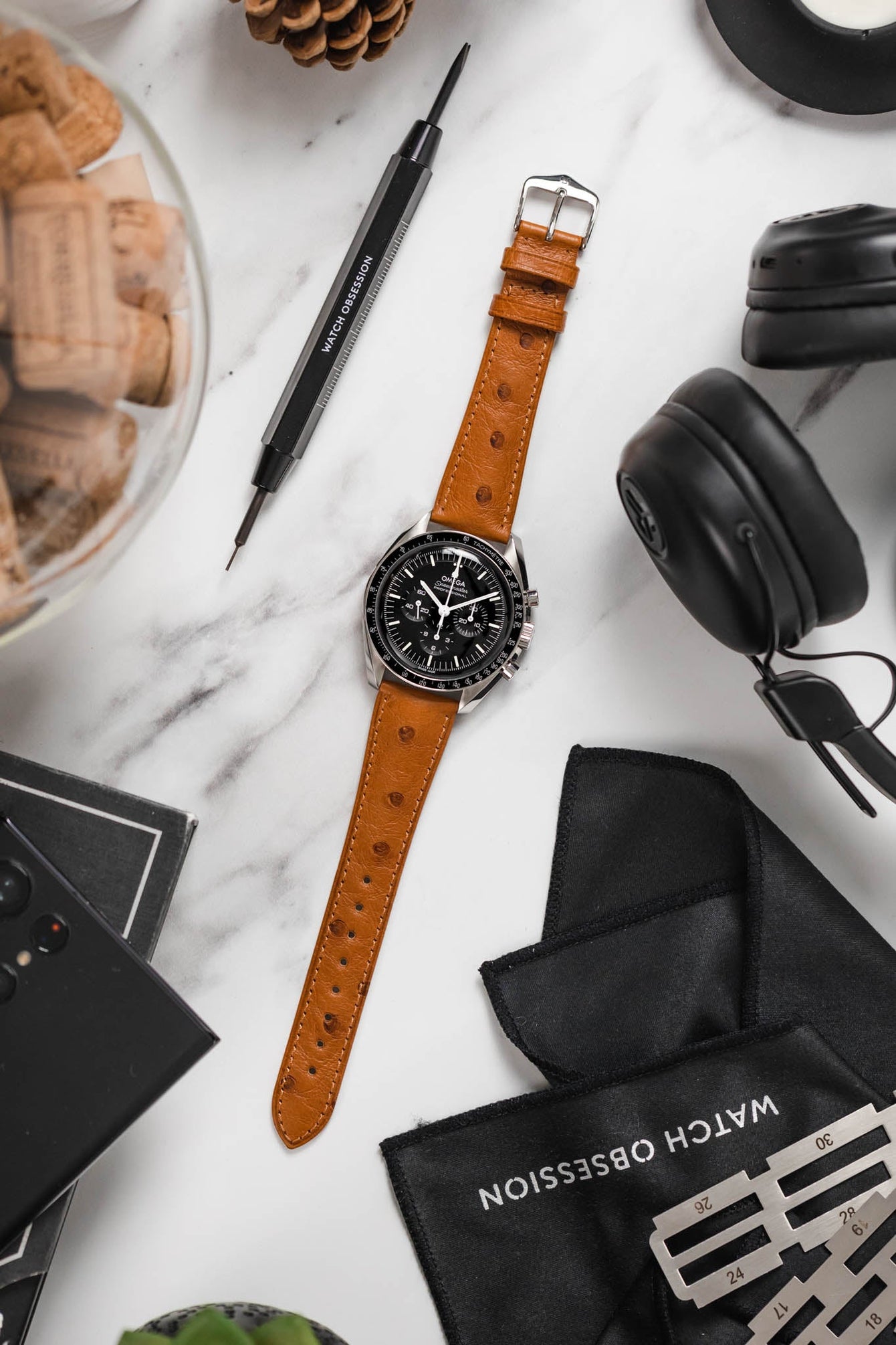 Hirsch MASSAI OSTRICH Leather Watch Strap in GOLD BROWN