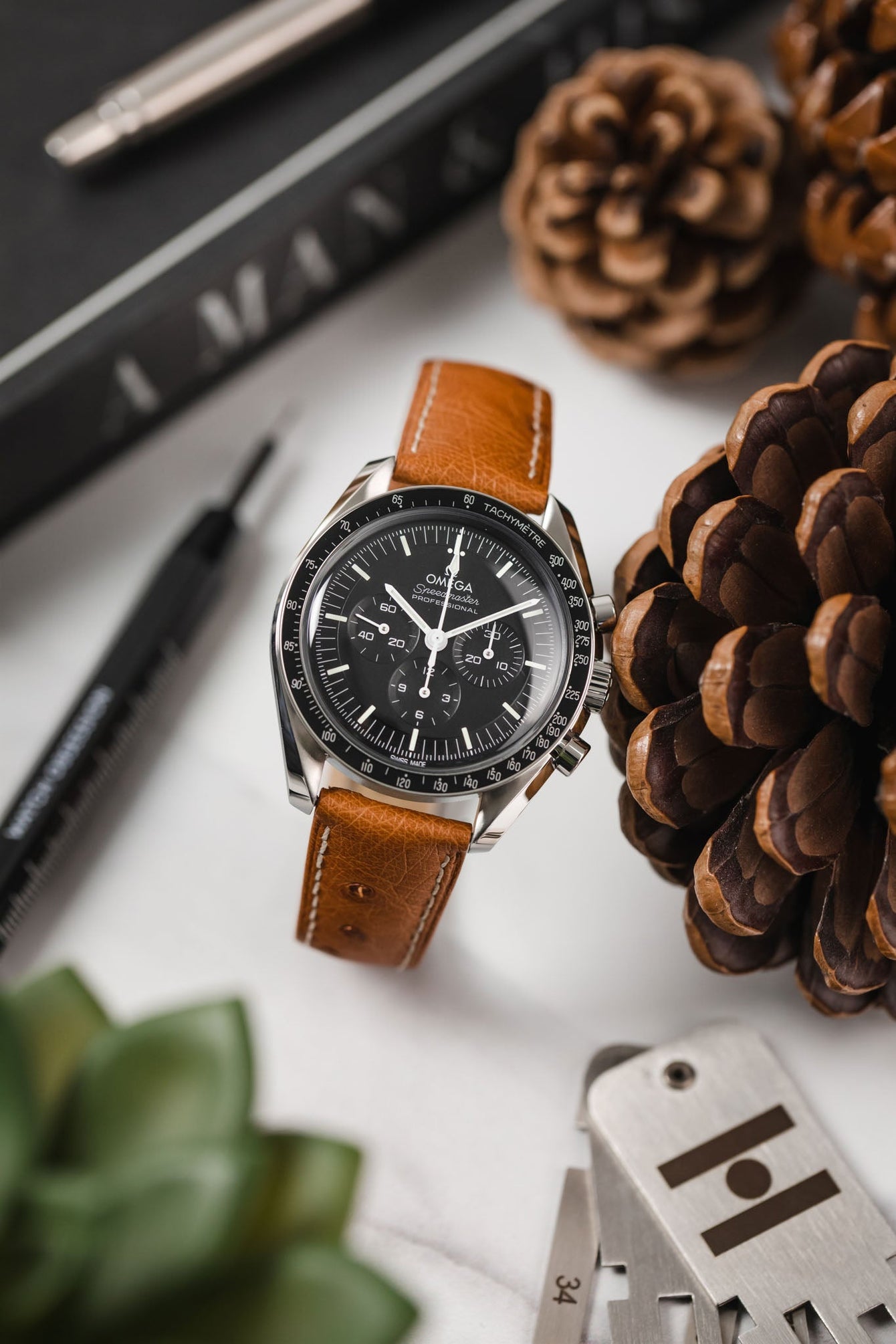 brown leather watch strap white stitching