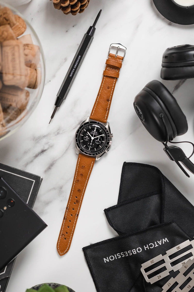 brown leather watch strap white stitching