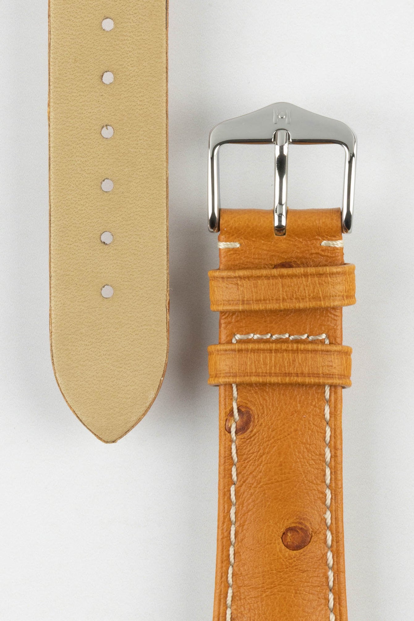 Hirsch MASSAI OSTRICH Leather Watch Strap in HONEY With WHITE Stitching