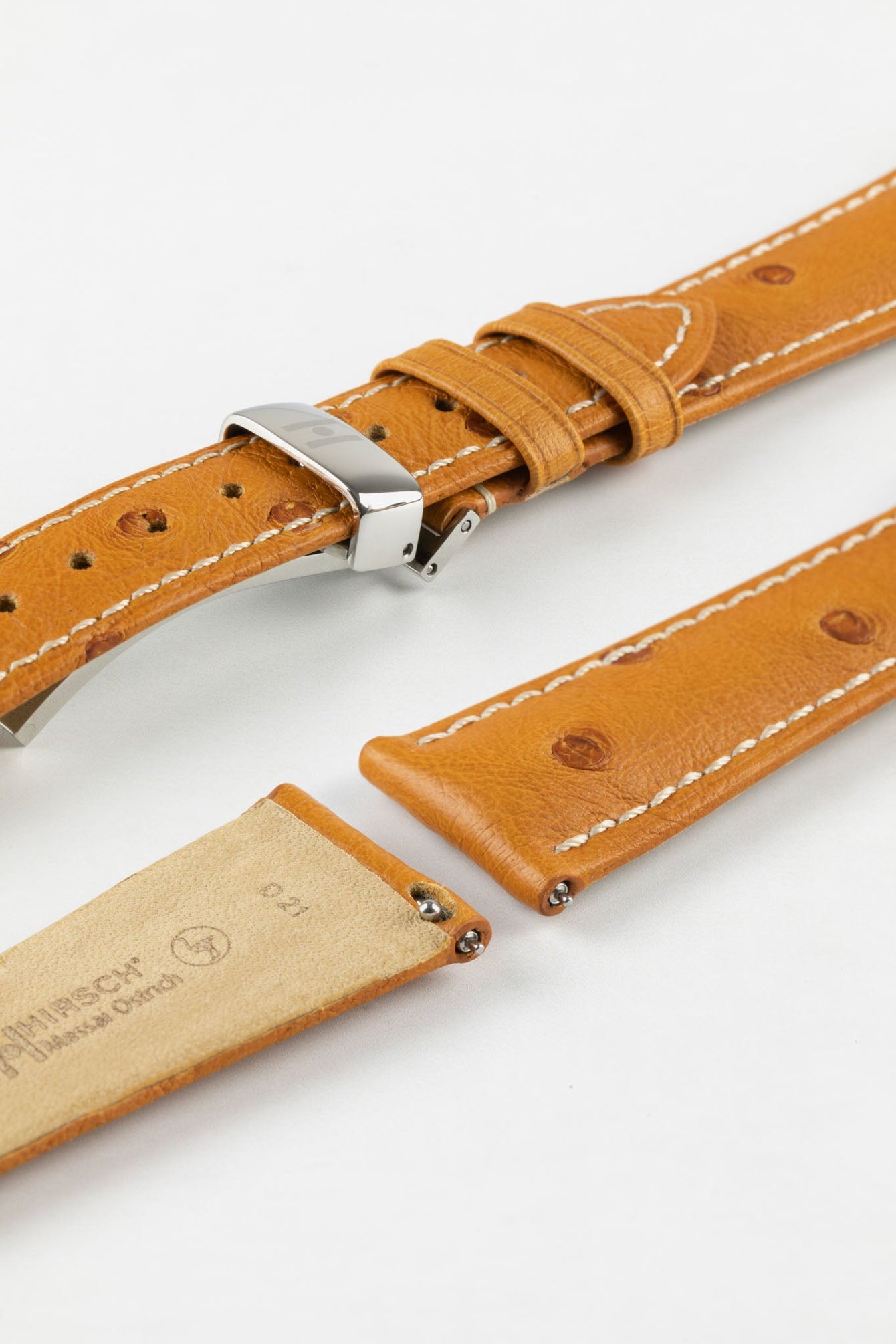 Hirsch MASSAI OSTRICH Leather Watch Strap in HONEY With WHITE Stitching