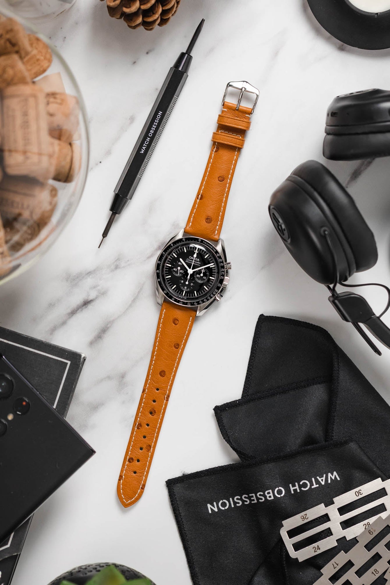 Hirsch MASSAI OSTRICH Leather Watch Strap in HONEY With WHITE Stitching