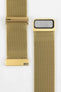 Close-up product image of a gold mesh watch strap against a white background, showing two separated sections with the clasp interior and attachment end visible, highlighting the fine woven texture and brushed gold hardware details.