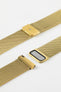 Close-up product image of a gold mesh watch strap against a white background, showing the adjustable sliding clasp and fastening mechanism in detail, with a fine woven texture and brushed gold finish visible on the hardware.