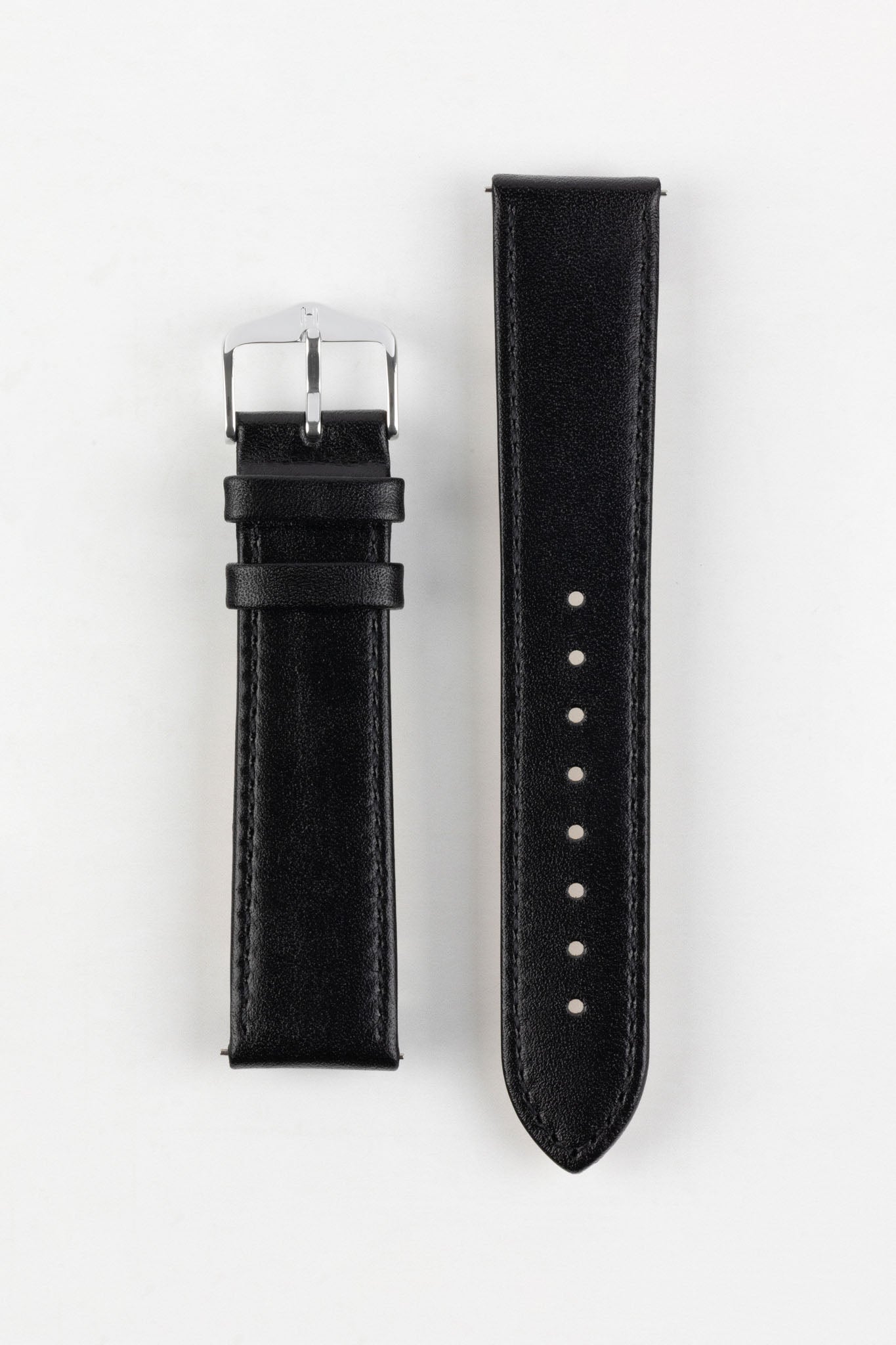 Front and back views of a black leather watch strap with subtle stitching, adjustment holes, and a polished silver buckle, displayed on a plain white background.