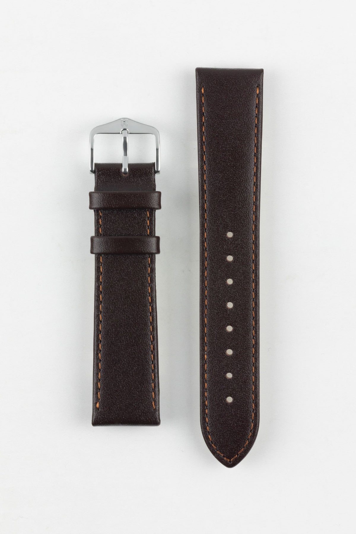 Premium dark brown Hirsch Osiris leather watch strap featuring a smooth semi-gloss leather finish, contrasting tan stitching, padded construction, dual leather keepers, multiple adjustment holes, a pointed tip, and a polished stainless steel Hirsch buckle. Clean product image showcasing exceptional craftsmanship, lasting comfort, durable construction, and timeless styling for dress, business, formal, and everyday watches.