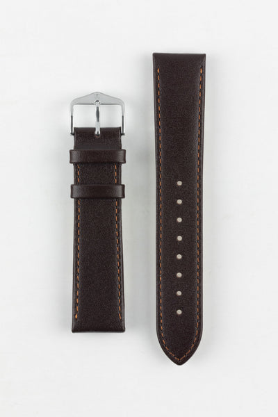 Premium dark brown Hirsch Osiris leather watch strap featuring a smooth semi-gloss leather finish, contrasting tan stitching, padded construction, dual leather keepers, multiple adjustment holes, a pointed tip, and a polished stainless steel Hirsch buckle. Clean product image showcasing exceptional craftsmanship, lasting comfort, durable construction, and timeless styling for dress, business, formal, and everyday watches.