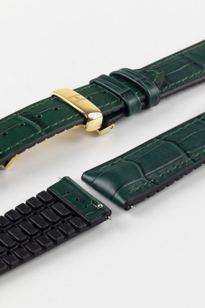 Hirsch Paul in Green with polished gold Hirsch embossed Sport Deployment Clasp and natural rubber underlayer with steel quick release spring bars