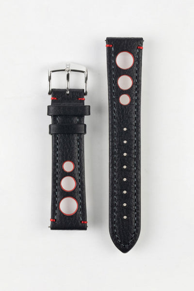 Hirsch RALLY Natural Leather Racing Watch Strap in BLACK & RED