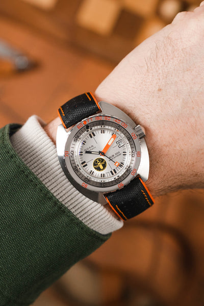 Hirsch ROBBY Sailcloth Effect Waterproof Performance Watch Strap in BLACK / ORANGE