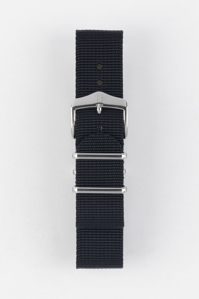 Black One-Piece Watch Strap with Polished Silver Hardware