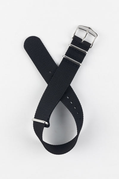 Curved watch strap showing the flexibility of the recycled polyester fabric