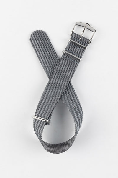 Curved watch strap showing the flexibility of the recycled polyester fabric