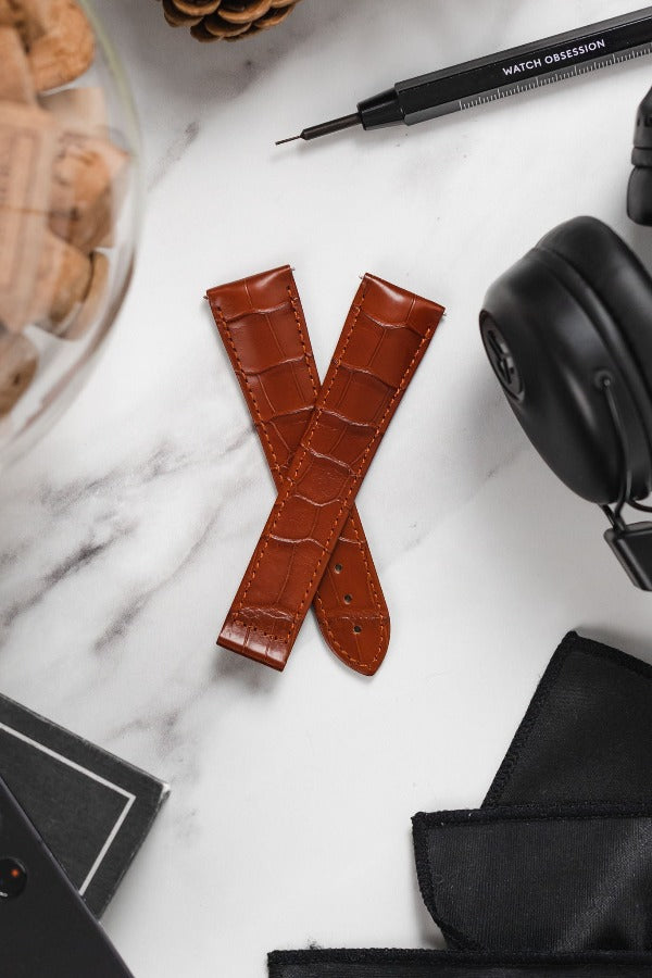 Hirsch VOYAGER Alligator Deployment Watch Strap in GOLD BROWN
