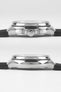Side profile of a Hublot Classic Fusion chronograph case showing the crown, pushers, and polished steel finish, paired with a black rubber strap against a white background.
