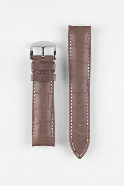 ISOSWISS SKINSKAN Alligator-Embossed Rubber Watch Strap in BROWN with White Stitch