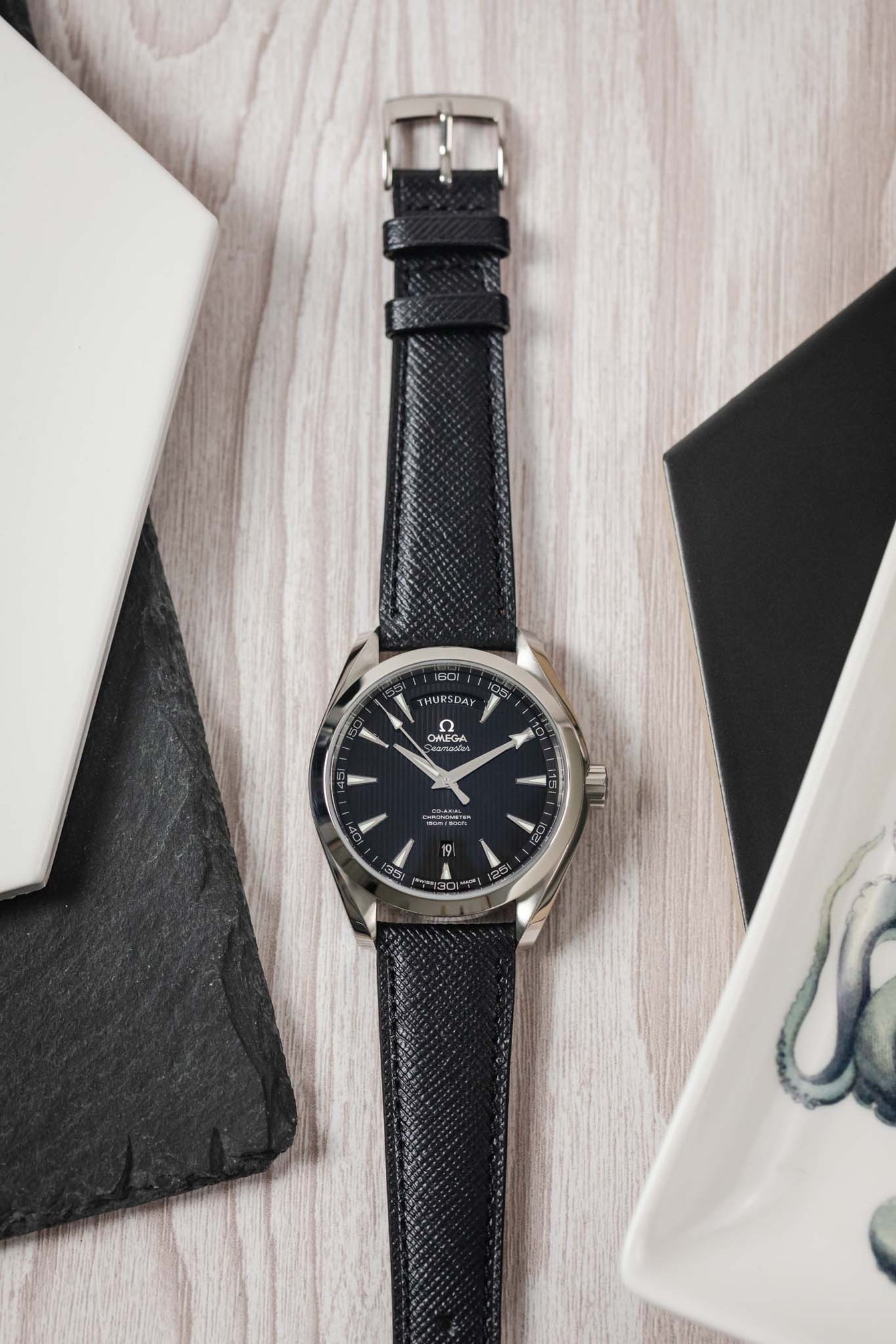 Classic Saffiano Leather Watch Strap in Black