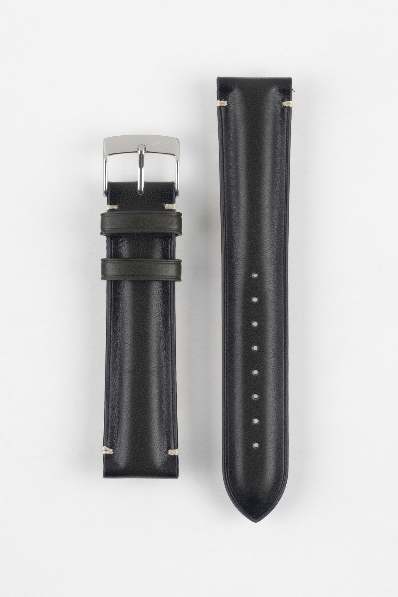 Two black leather watch strap pieces displayed vertically on a light grey background. One strap section features a polished silver buckle with a tang closure and two leather keepers, while the other section shows a tapered end with a row of evenly spaced adjustment holes. The leather has a smooth, slightly grained texture with subtle light stitching near the lugs.