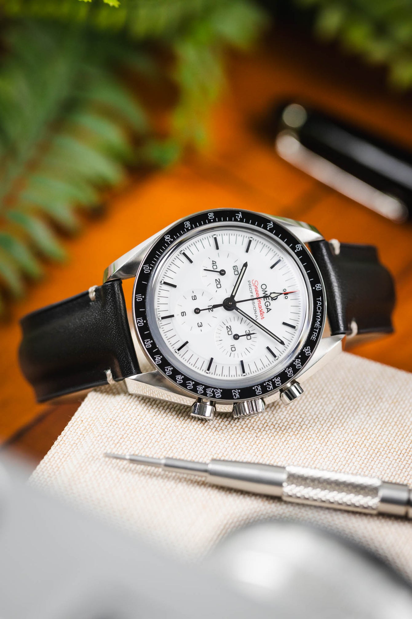 Close-up of an Omega Speedmaster with a white dial and black bezel on a black leather strap, resting on a fabric surface with a blurred background of greenery and desk items.