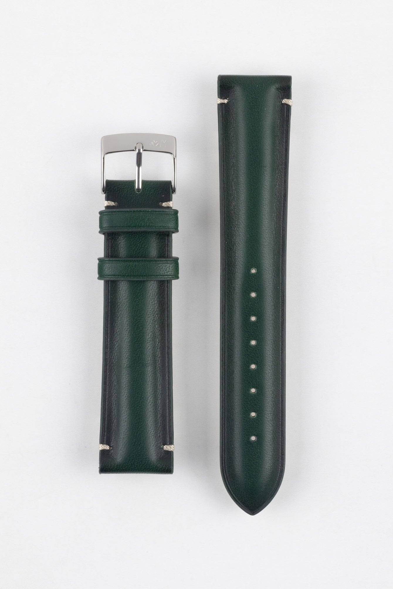 Two dark green leather watch strap pieces displayed vertically on a light grey background. One strap section features a polished silver tang buckle with an engraved logo and two leather keepers, while the other shows a tapered end with a row of evenly spaced adjustment holes. The leather has a smooth, slightly pebbled finish with subtle light stitching near the lugs.
