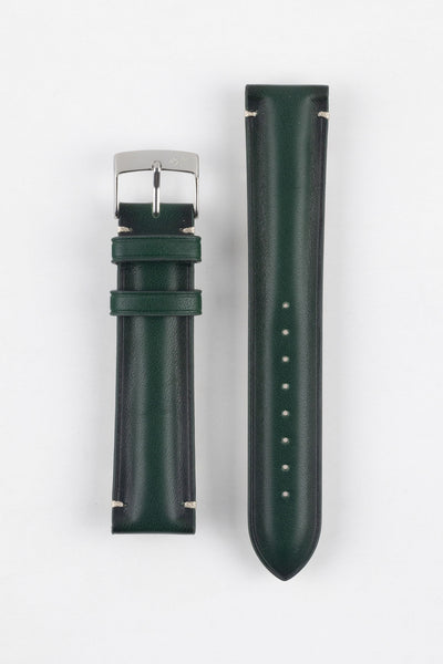 Two dark green leather watch strap pieces displayed vertically on a light grey background. One strap section features a polished silver tang buckle with an engraved logo and two leather keepers, while the other shows a tapered end with a row of evenly spaced adjustment holes. The leather has a smooth, slightly pebbled finish with subtle light stitching near the lugs.