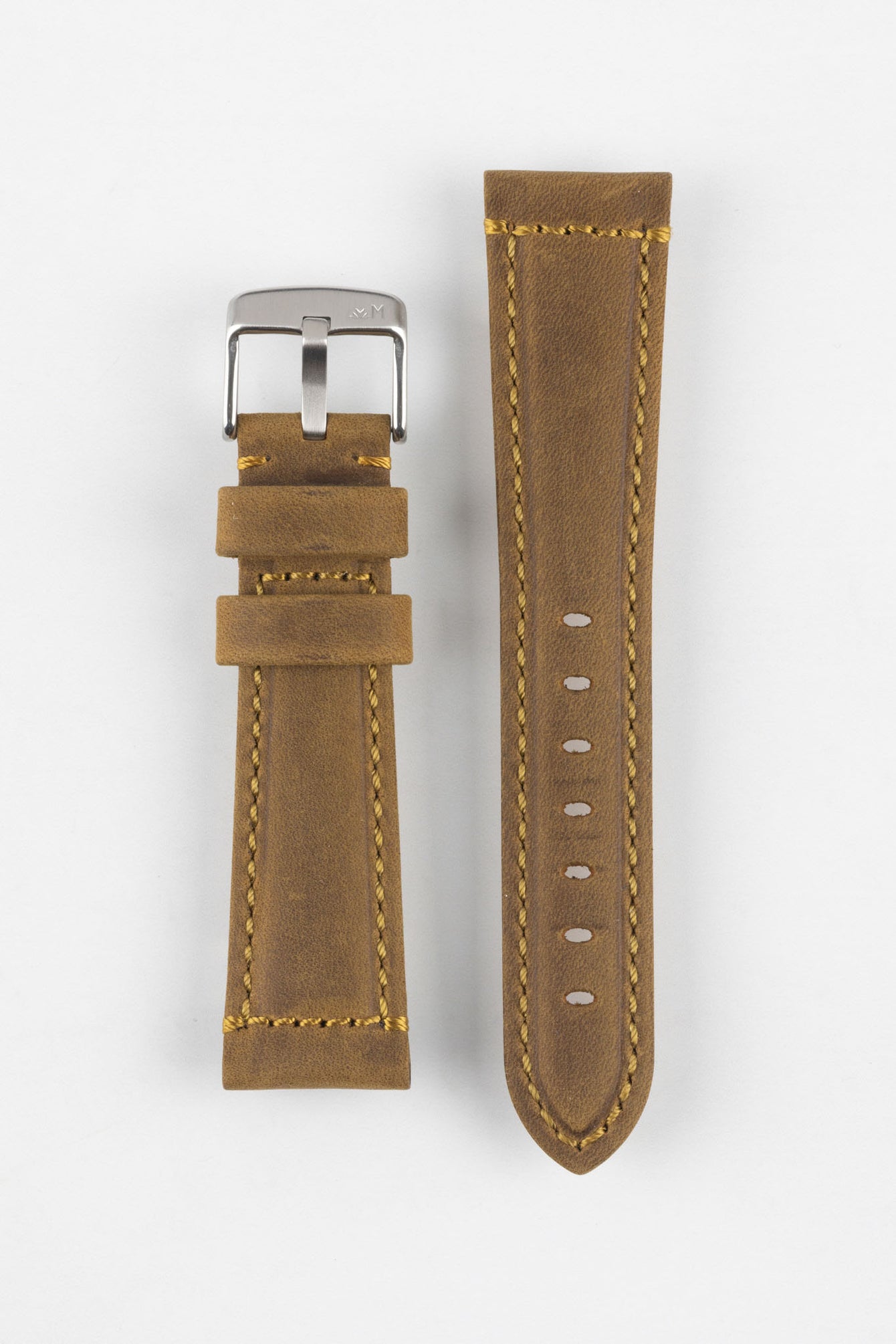 Tan-brown leather watch strap with yellow stitching, shown vertically with a silver buckle and adjustment holes on a light grey background.