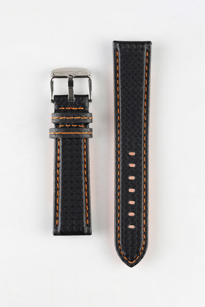 Morellato BIKING Carbon Fibre-Embossed Calfskin Leather Watch Strap in BLACK with ORANGE Stitching