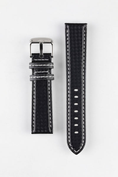 Morellato BIKING Carbon Fibre-Embossed Calfskin Leather Watch Strap in BLACK with WHITE Stitching