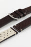 A detailed, high-angle shot of a dark brown Morellato Brahms watch strap, unbuckled and laid flat against a white background. The image highlights the perforated design and the beige stitching at the short end, showing the light-coloured lining of the strap.