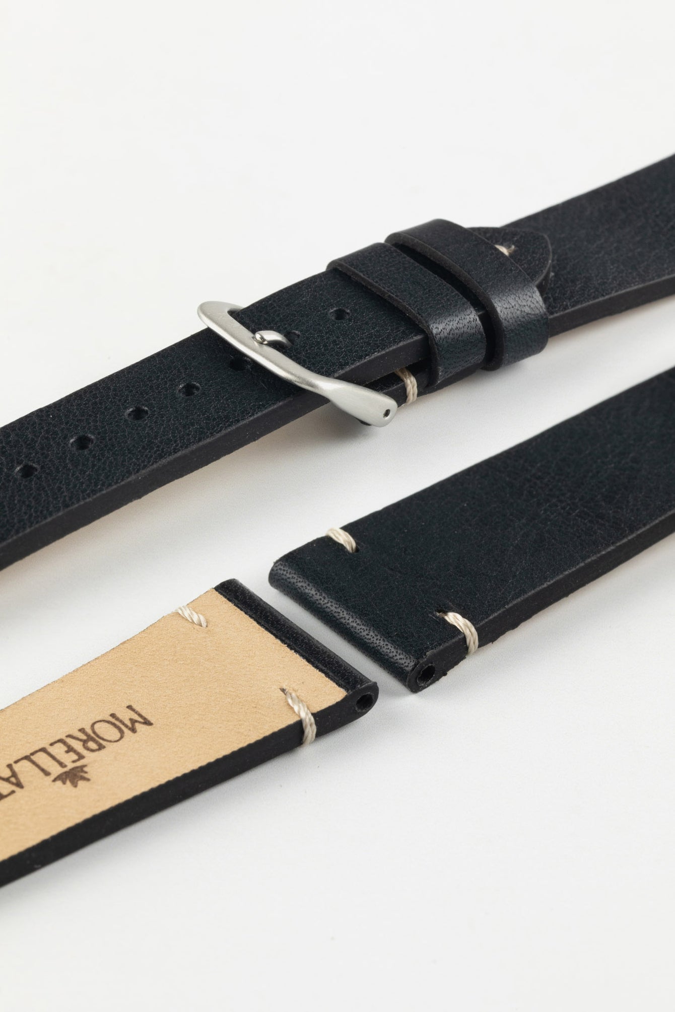 Morellato POLLOCK Vintage Lug-Stitched Calfskin Leather Watch Strap in BLACK