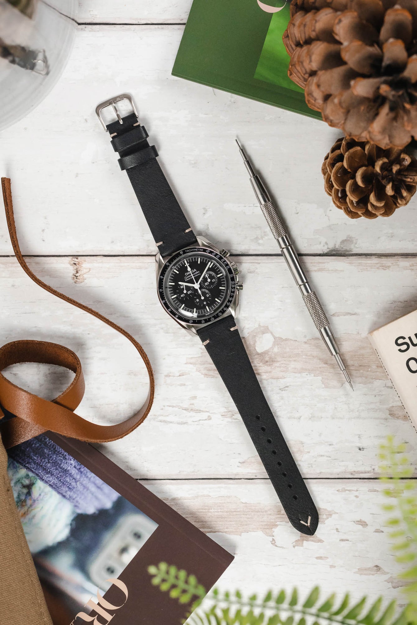 Morellato POLLOCK Vintage Lug-Stitched Calfskin Leather Watch Strap in BLACK