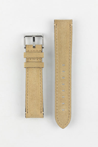 Morellato SCHUMANN beige suede watch strap, top-down view. Premium replacement watch bands for stylish timepieces.