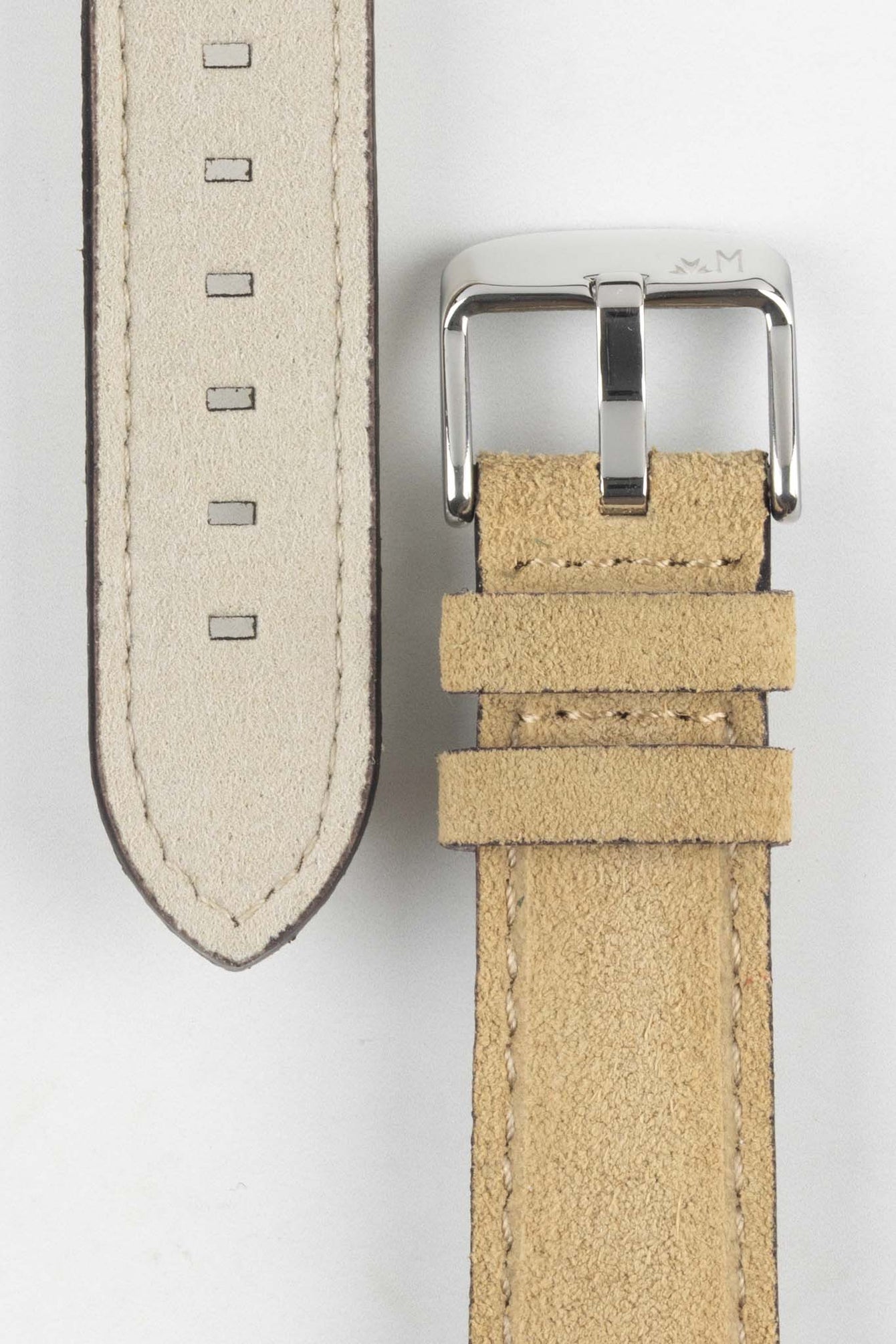 Close-up of Morellato SCHUMANN beige suede watch strap with polished silver buckle. Durable, comfortable watch accessories.