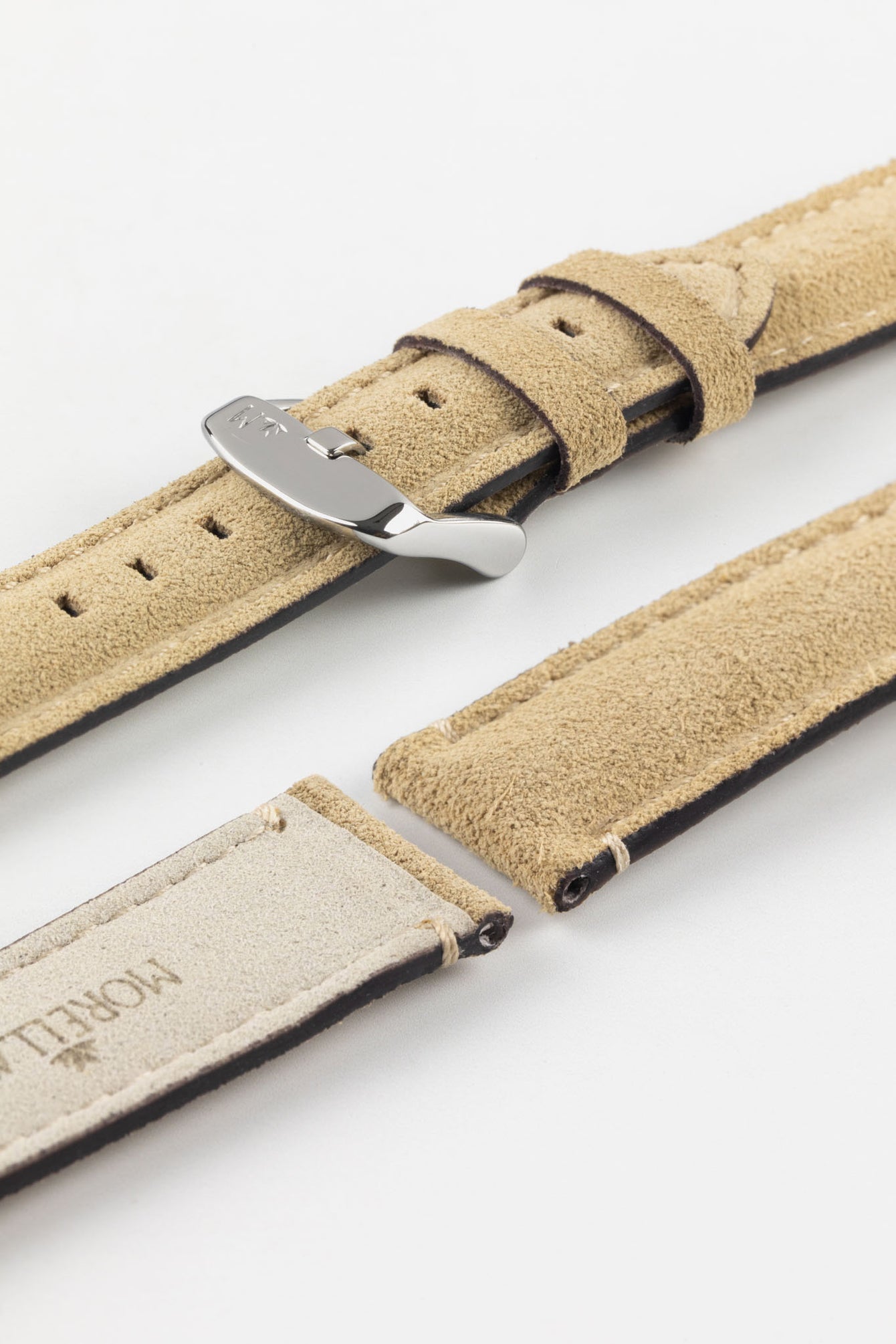 Morellato SCHUMANN beige suede watch strap details, showcasing texture and Morellato branding. Luxury replacement watch straps.