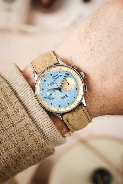 Morellato SCHUMANN beige suede watch strap on wrist with Studio Underd0g Bicompax ST-1901 watch. Stylish watch strap for sale.