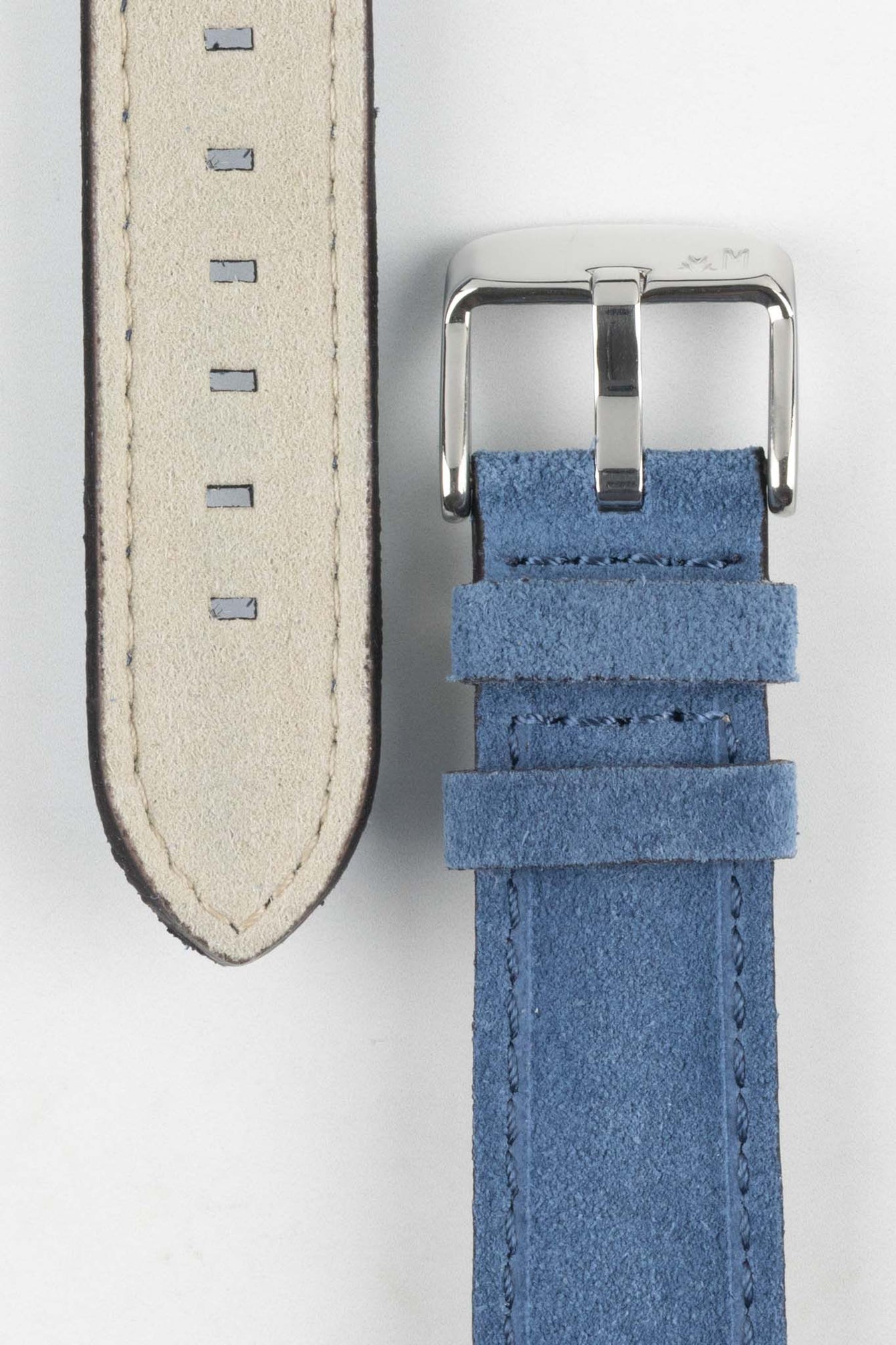 Close-up of Morellato SCHUMANN blue suede watch strap, highlighting the soft texture. High-quality watch accessories.