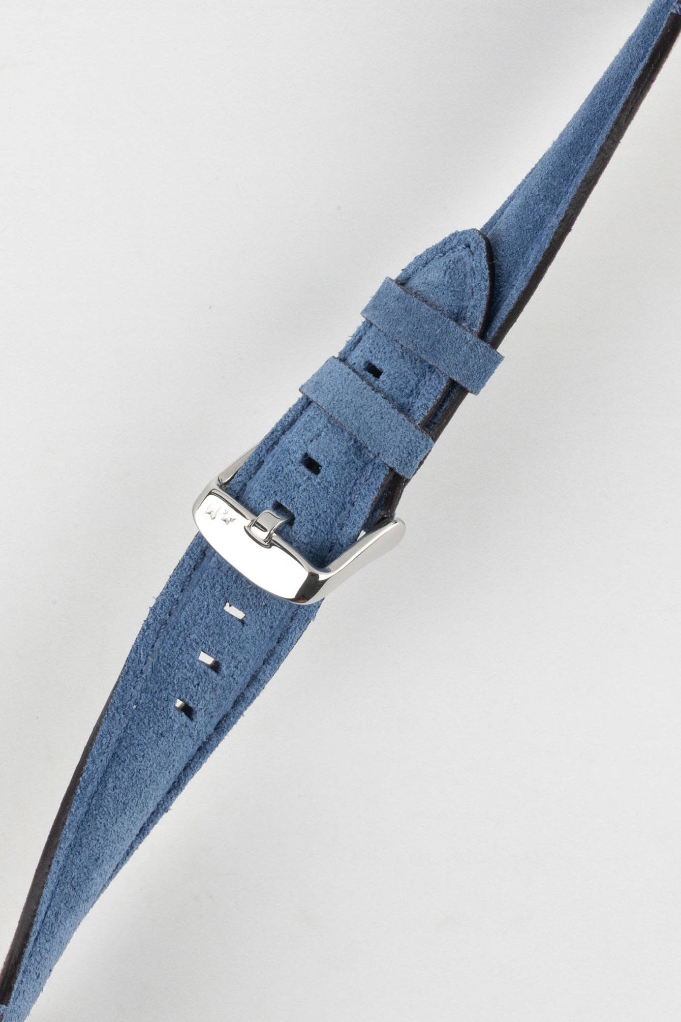 Angled view of Morellato SCHUMANN blue suede watch strap with polished buckle. Luxury watch straps for sale.