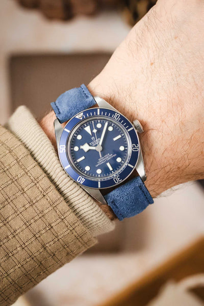 Morellato SCHUMANN blue suede watch strap alongside a Tudor Black Bay 58 watch. Classic watch bands available online.