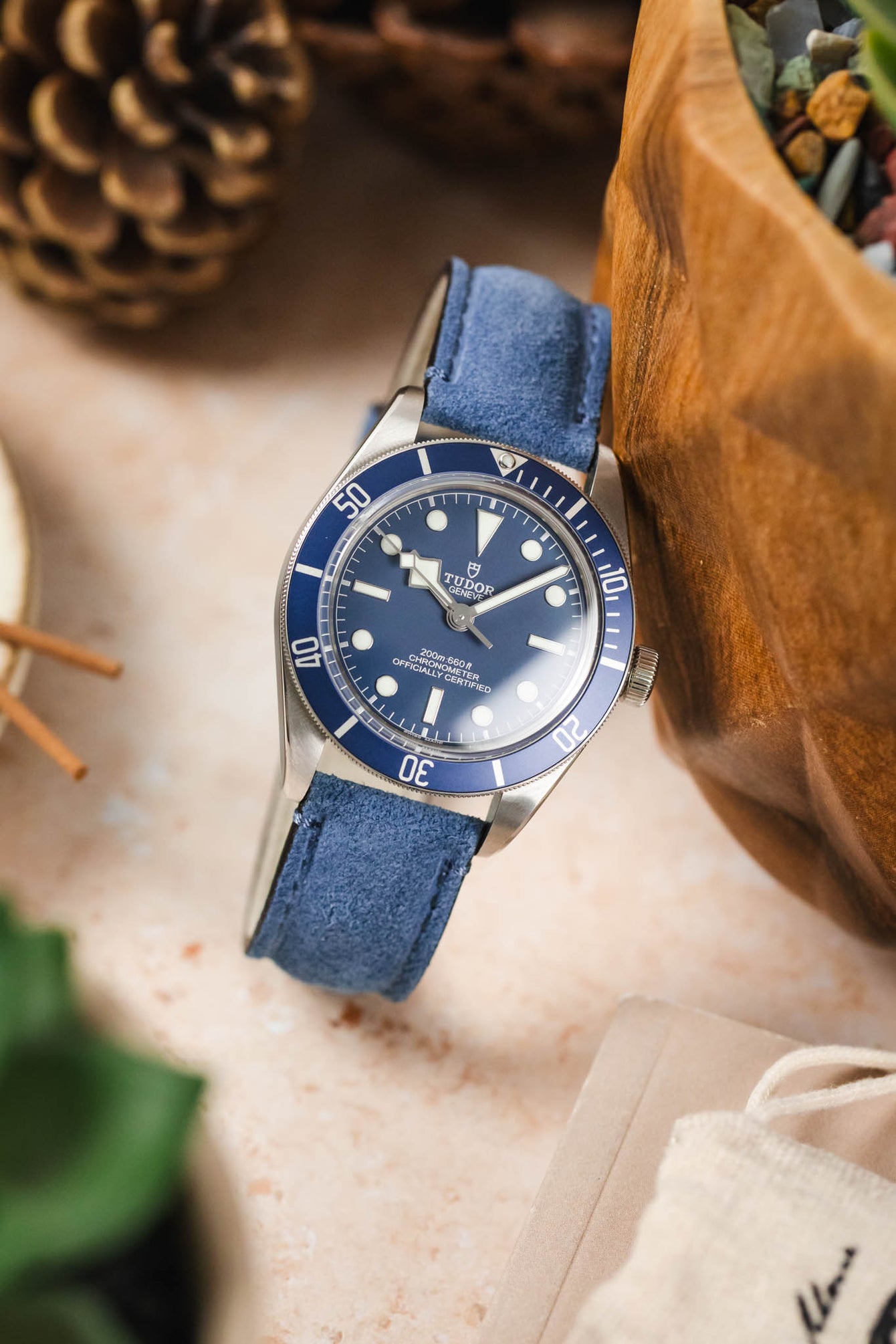Close-up on the Tudor Black Bay 58 watch with a blue Morellato SCHUMANN suede strap. Perfect fit for your timepiece.