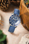 Close-up on the Tudor Black Bay 58 watch with a blue Morellato SCHUMANN suede strap. Perfect fit for your timepiece.