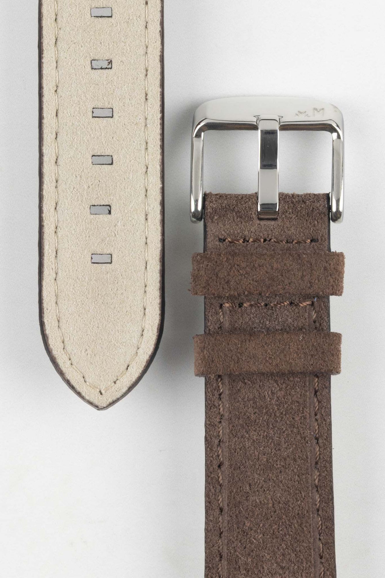 Close-up of Morellato SCHUMANN brown suede watch strap with silver buckle. Premium watch strap accessories for sale.