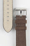 Close-up of Morellato SCHUMANN brown suede watch strap with silver buckle. Premium watch strap accessories for sale.