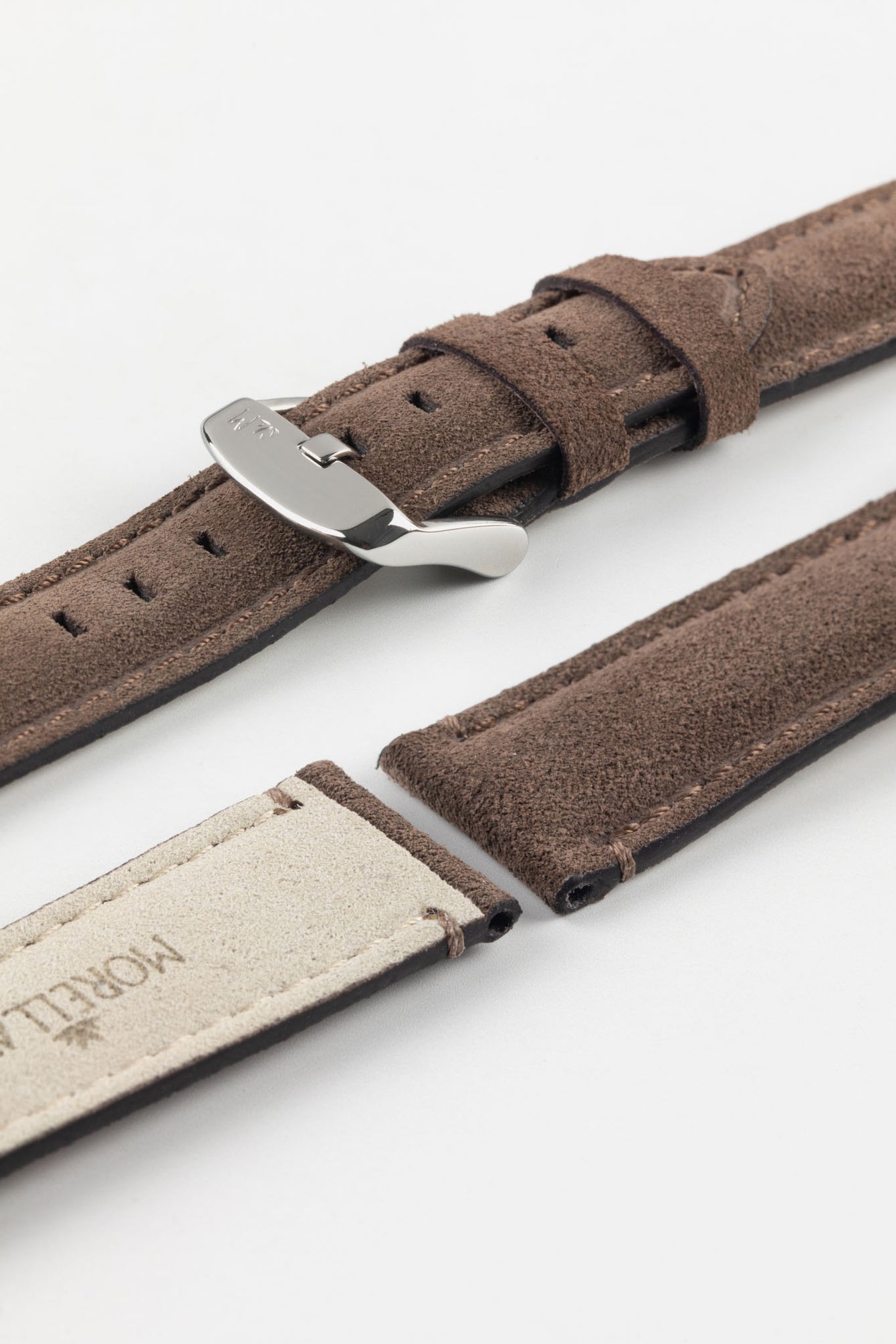 Detail shot of Morellato SCHUMANN brown suede watch strap interior and buckle. Quality suede straps for watch enthusiasts.
