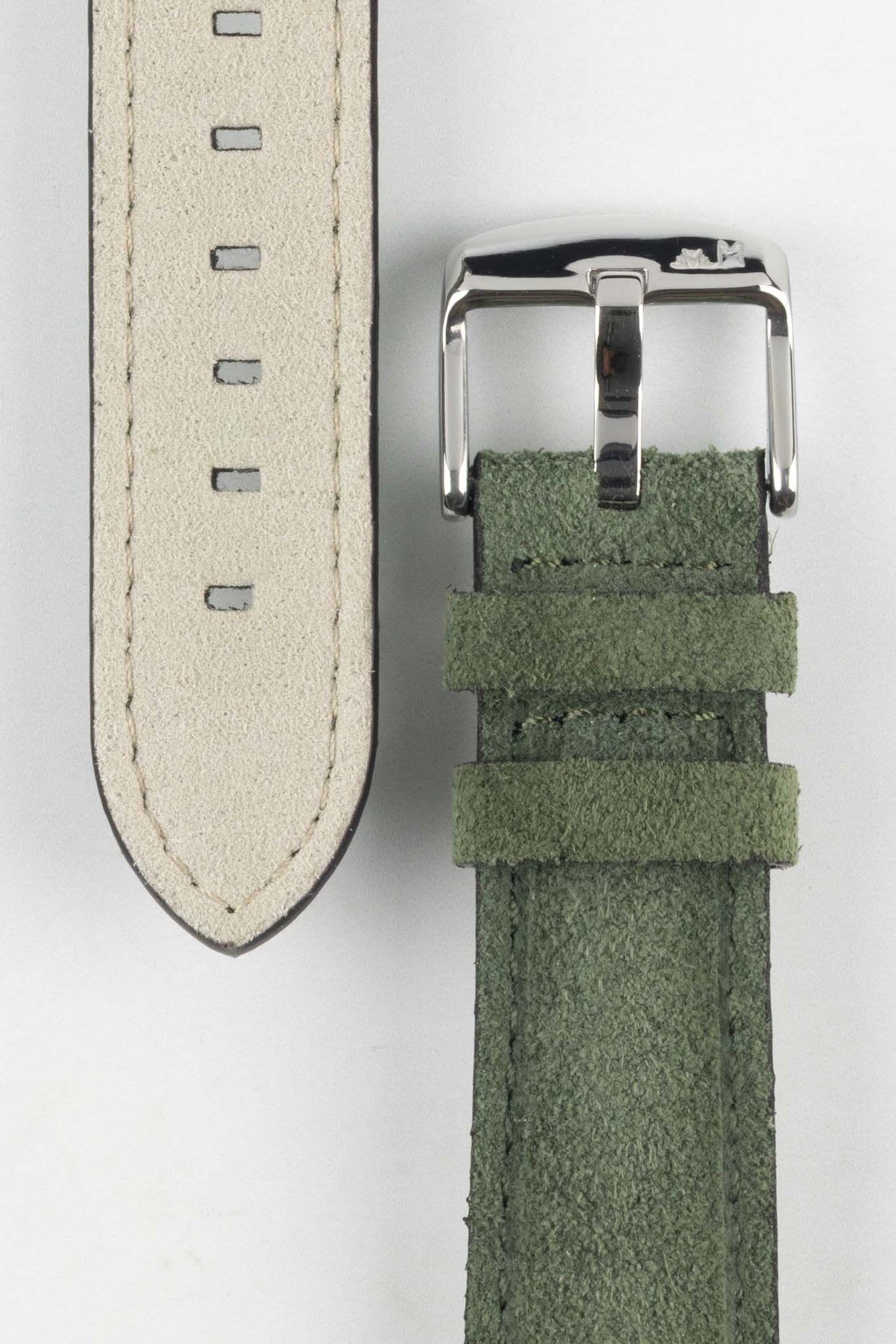 Close-up detail of Morellato SCHUMANN green suede watch strap with silver buckle. Find premium suede watch straps for men and women.
