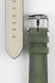Close-up detail of Morellato SCHUMANN green suede watch strap with silver buckle. Find premium suede watch straps for men and women.